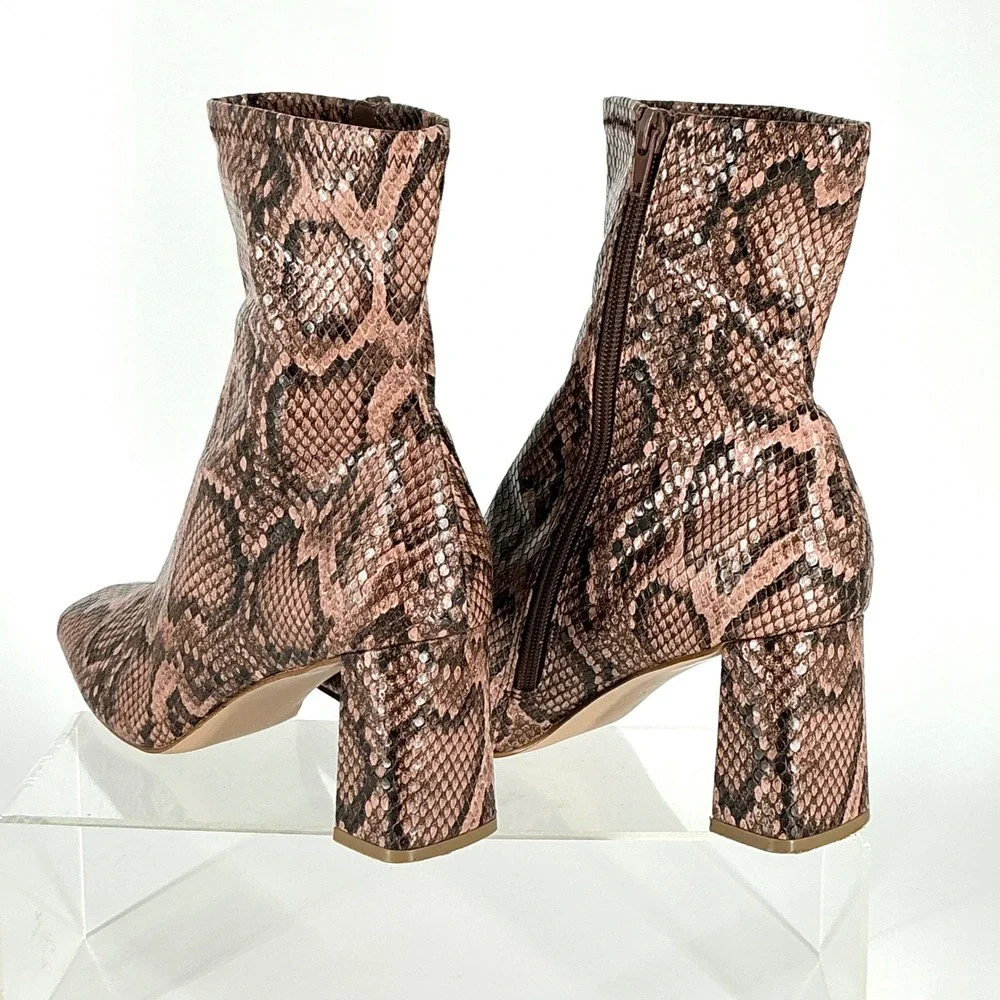 Steve Madden Size 9 Snakeskin‎ Print Ankle Boots Square Toe Block Heel Brown Tan